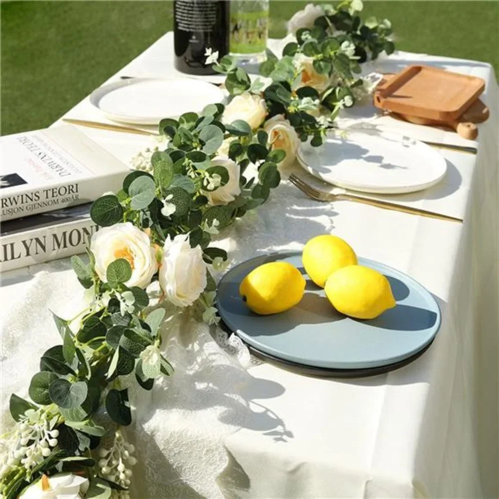 2 Pack 13Ft Artificial Eucalyptus Flower Garland with Fake Rose (Champagne)
